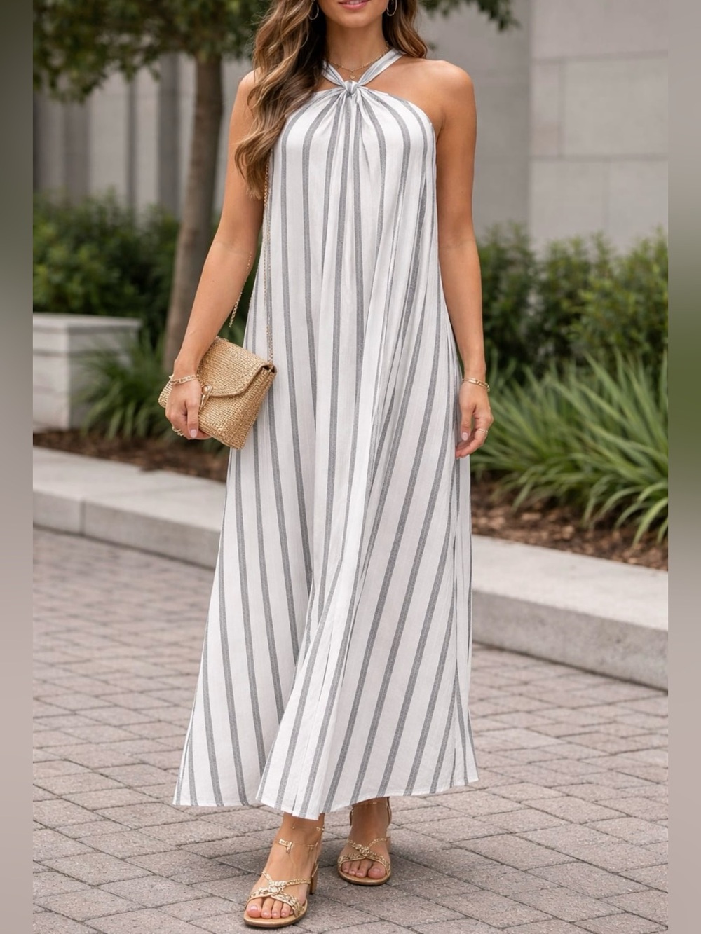 Sleeveless Striped Halter Maxi Dress in White and Gray